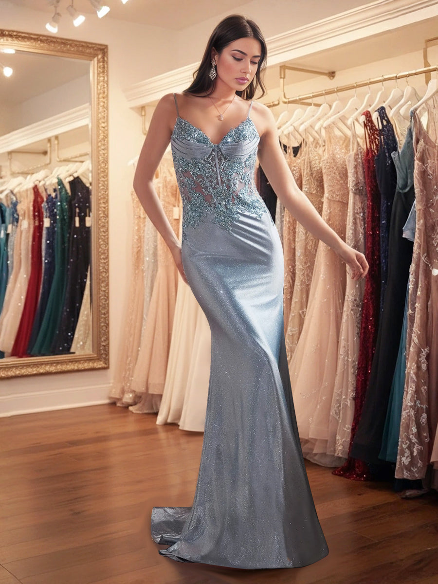 Sparkly Lavender Corset Long Prom Dress with Asymmetrical Appliqués