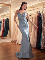 Sparkly Lavender Corset Long Prom Dress with Asymmetrical Appliqués