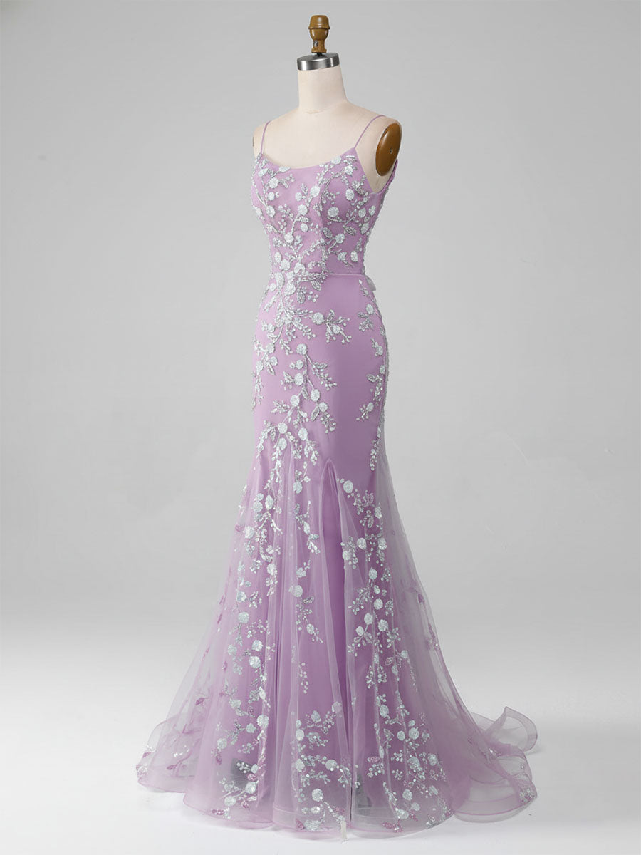 Robe de bal longue sirène lilas scintillante à bretelles spaghetti et perles