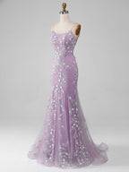 Robe de bal longue sirène lilas scintillante à bretelles spaghetti et perles