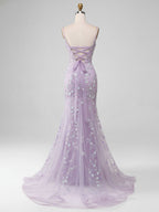Robe de bal longue sirène lilas scintillante à bretelles spaghetti et perles