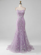 Robe de bal longue sirène lilas scintillante à bretelles spaghetti et perles