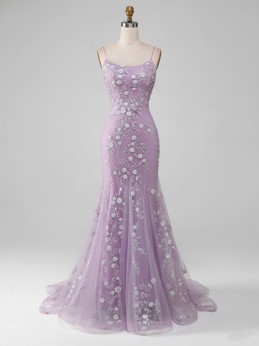 Robe de bal longue sirène lilas scintillante à bretelles spaghetti et perles