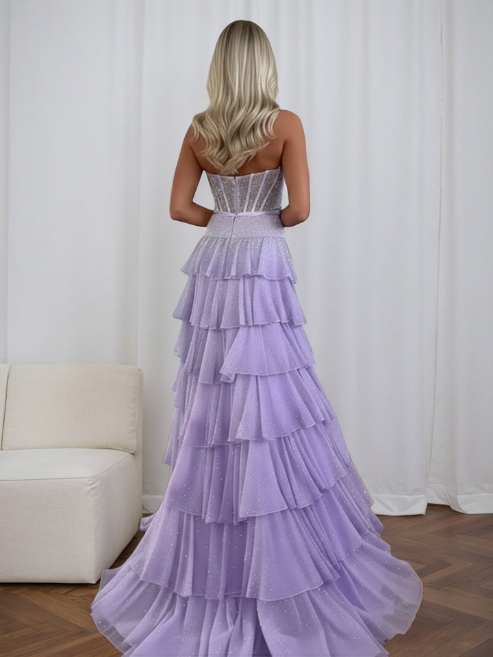 Funkelndes Flieder trägerloses gestuftes Rüschen Korsett Abschlussballkleid mit Schlitz