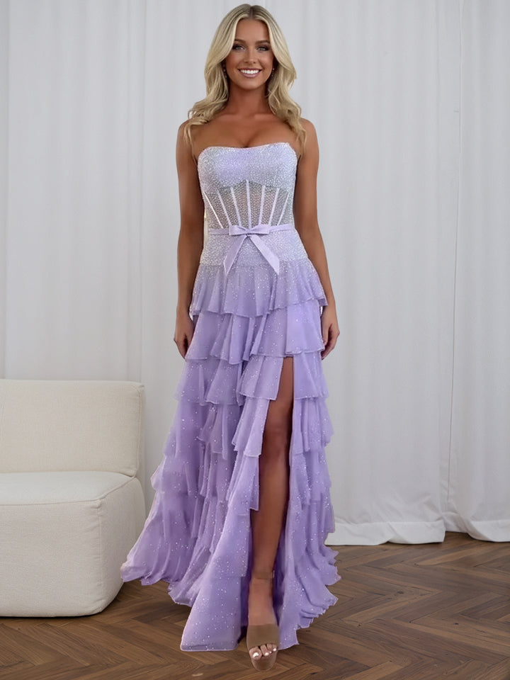 Funkelndes Flieder trägerloses gestuftes Rüschen Korsett Abschlussballkleid mit Schlitz