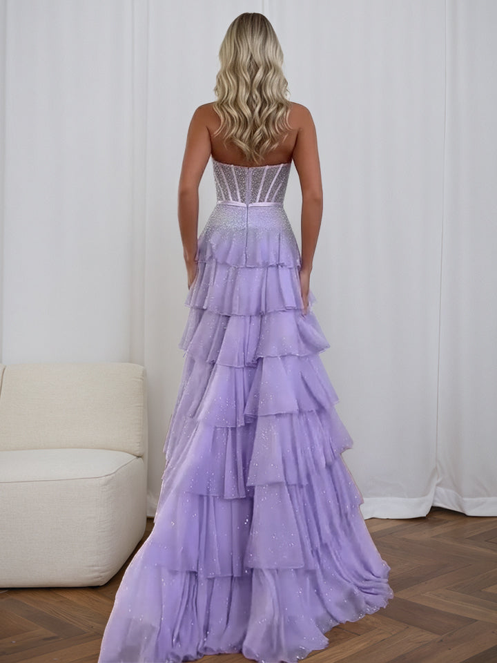 Funkelndes Flieder trägerloses gestuftes Rüschen Korsett Abschlussballkleid mit Schlitz