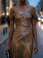 Sparkly Mermaid One Shoulder Pleated Long Prom Dress with Slit