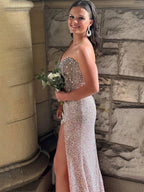 Sparkly Mermaid Strapless Corset Sequins Long Prom Dress with Slit