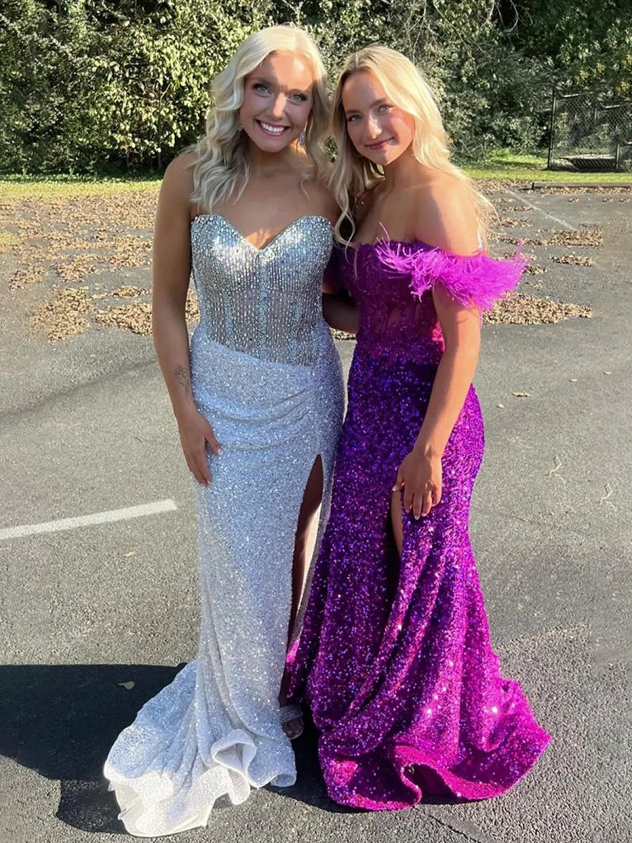 Sparkly Mermaid Strapless Corset Sequins Long Prom Dress with Slit