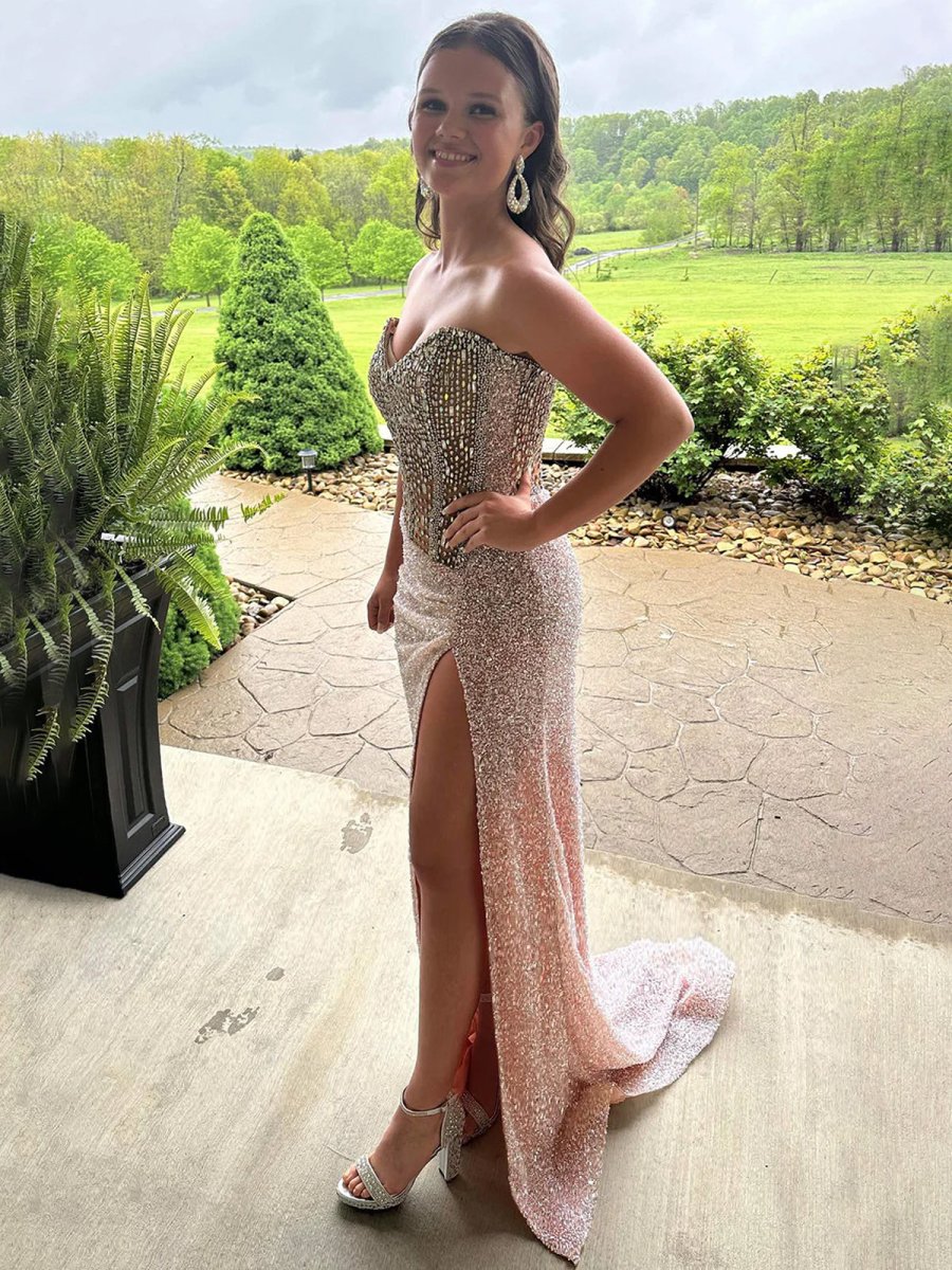 Sparkly Mermaid Strapless Corset Sequins Long Prom Dress with Slit
