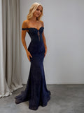 Sparkly Off the Shoulder Mermaid Corset Long Prom Dress