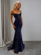 Sparkly Off the Shoulder Mermaid Corset Long Prom Dress