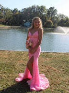Sparkly Pink Spaghetti Strap Lace Prom Dress with Slit