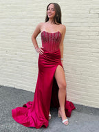 Robe de bal longue bustier sirène perlée scintillante avec fente