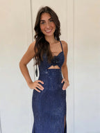 Navy Blue Linear Sequin Long Prom Dress with 3D Rosette