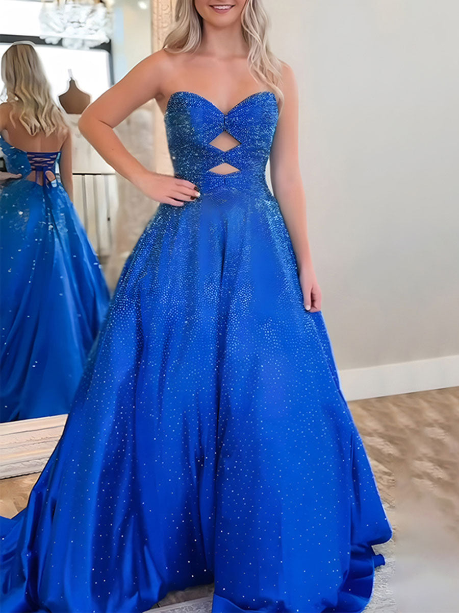 Sparkly A Line Cut Out Sweetheart Long Prom Dress with Beading