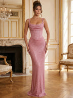 Sparkly Blue Shimmer Cowl Neck Corset Prom Dress