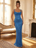 Sparkly Blue Shimmer Cowl Neck Corset Prom Dress