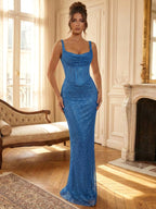 Sparkly Blue Shimmer Cowl Neck Corset Prom Dress