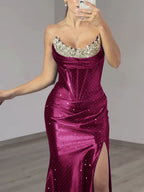 Sparkly Strapless Beaded Corset Satin Long Prom Dress