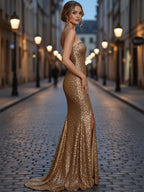 Abito da ballo sirena senza spalline con paillettes scintillanti e spacco
