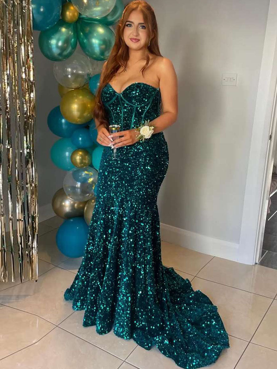 Vestito da ballo scintillante senza spalline a cuore con paillettes a sirena