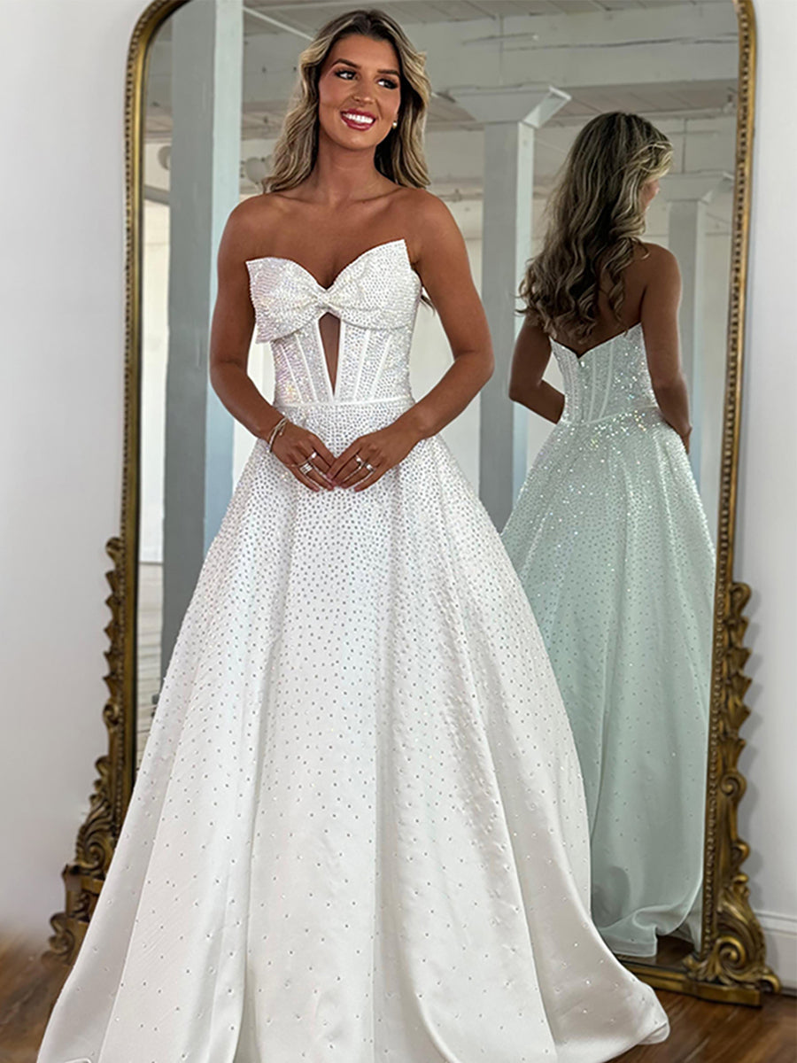 Sparkly Beaded Strapless Sweetheart Long Corset Prom Dress with Bow – DUNALI