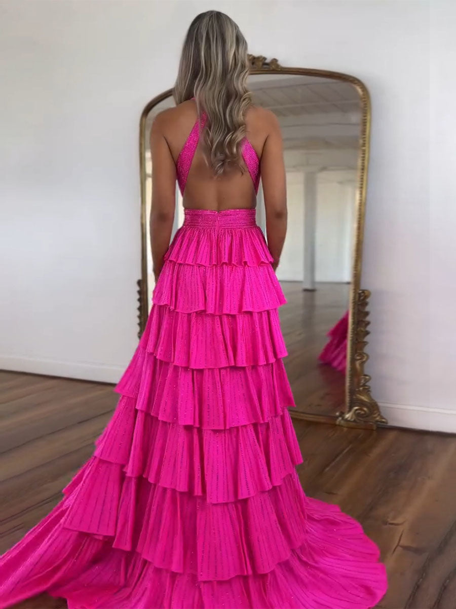 Abito lungo da sera a linea A con corsetto a balze e perline scintillanti, con spacco