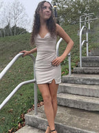 Sparkly Apricot Tight Short Beaded Homecoming Dress with Slit