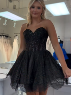 Sparkly Black Strapless Corset A Line Sweetheart Short Homecoming Dress