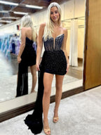 Robe courte de bal bustier scintillante avec perles et traîne amovible
