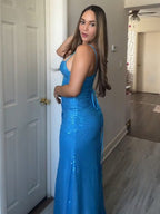 Sparkly Red Mermaid Spaghetti Straps Long Prom Dresses with Slit