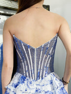 Sparkly Blue Strapless Beadeds Floral Print Tiered Homecoming Dress