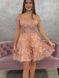 Sparkly Blush A Line Corset Short Ruffled Homecoming Dress with Lace