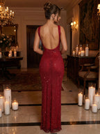 Funkelndes champagnerfarbenes langes Abendkleid mit Kristall-Mesh und quadratischem Ausschnitt
