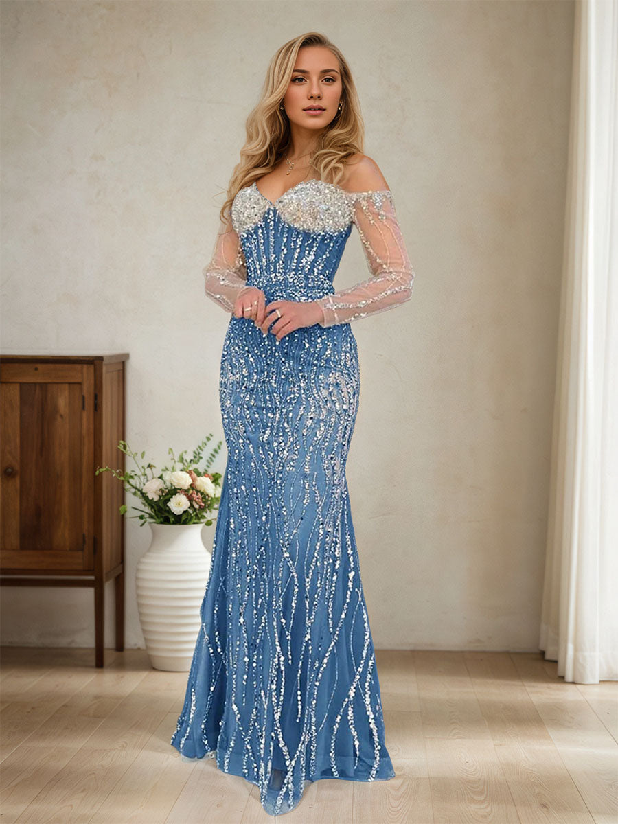 Sparkly Champagne Mermaid Off the Shoulder Long Prom Dress With Corset