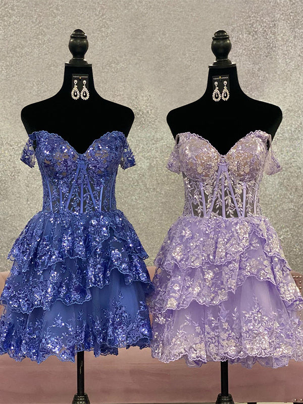 Robe de bal de fin d'année ligne A scintillante, épaules dénudées avec volants