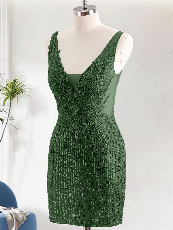 Sparkly Dark Green V-Neck Tight Short Homecoming Dress with Sequins