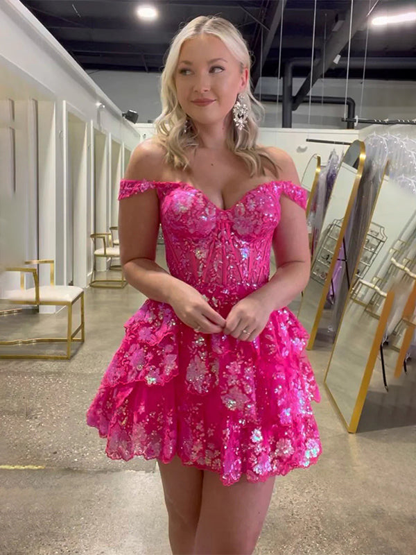 Robe de bal de fin d'année ligne A scintillante, épaules dénudées avec volants