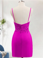 Sparkly Fuchsia Bodycon Spaghetti Straps Homecoming Dress with Sequins