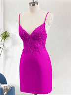 Sparkly Fuchsia Bodycon Spaghetti Straps Homecoming Dress with Sequins