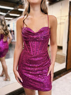 Sparkly Fuchsia Spaghetti Straps Short Tight Homecoming Dress