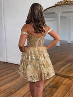 Robe de bal de fin d'année ligne A scintillante, épaules dénudées avec volants