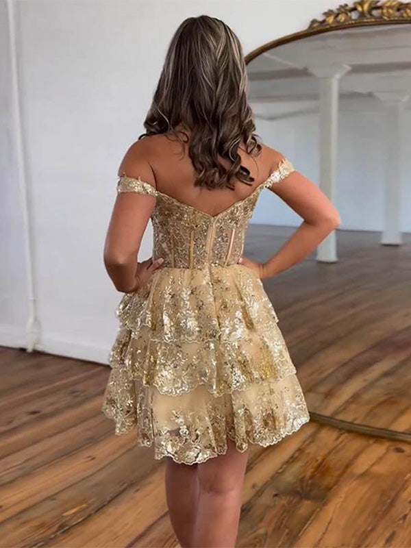 Robe de bal de fin d'année ligne A scintillante, épaules dénudées avec volants