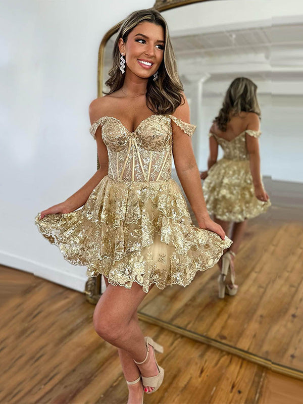 Robe de bal de fin d'année ligne A scintillante, épaules dénudées avec volants