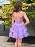 Sparkly Lavender Ruffled Short Corset Homecoming Dress with Sequins