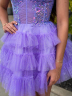 Sparkly Lavender Ruffled Short Corset Homecoming Dress with Sequins