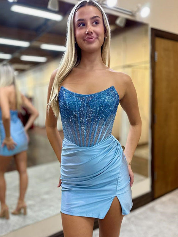 Vestido corto ajustado sin tirantes para fiesta de graduación con lentejuelas y abalorios
