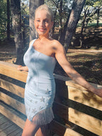 Sparkly Light Blue One Shoulder Stars Tight Short Homecoming Dress with Fringes