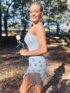 Sparkly Light Blue One Shoulder Stars Tight Short Homecoming Dress with Fringes